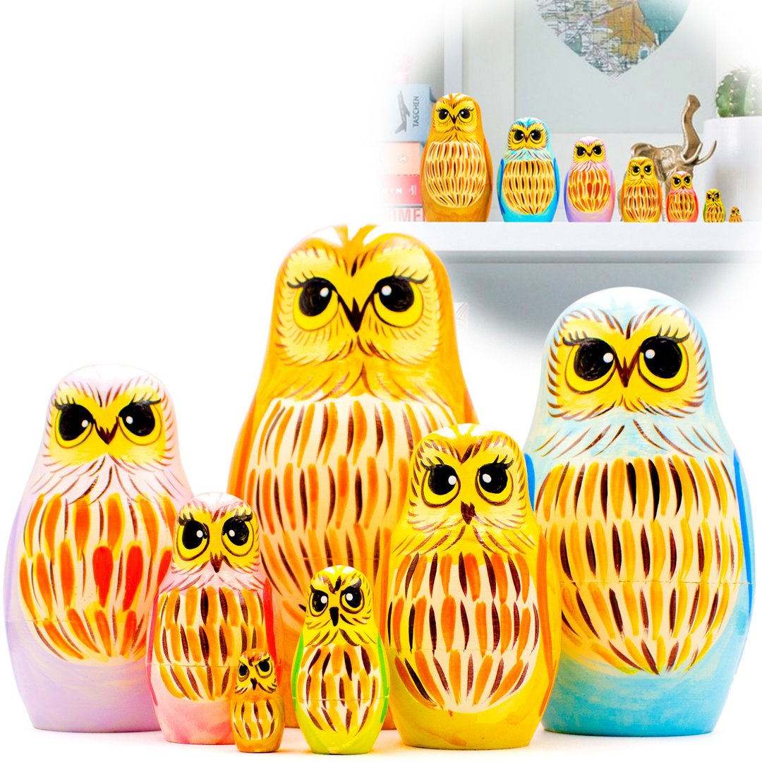 Owl Nesting Dolls Set of 7 pcs - Owl Decor - Owl Figurines - Wooden Owl Toy - 玩具/玩偶 - 木头 多色
