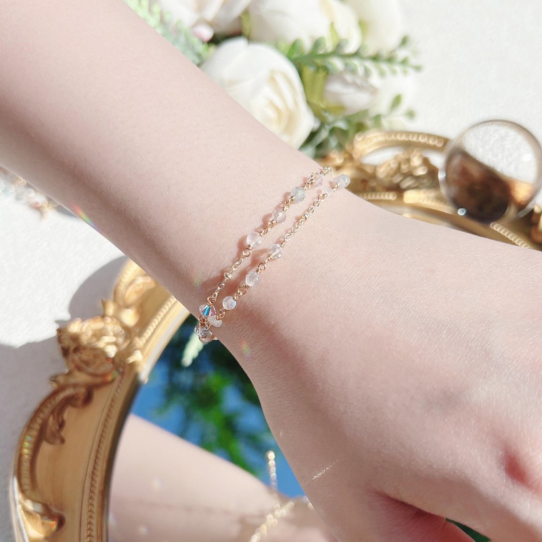 海蓝宝 拉长石 月光石 14K 包金 手工绕线 天然水晶 双层手链 - 手链/手环 - 水晶 多色