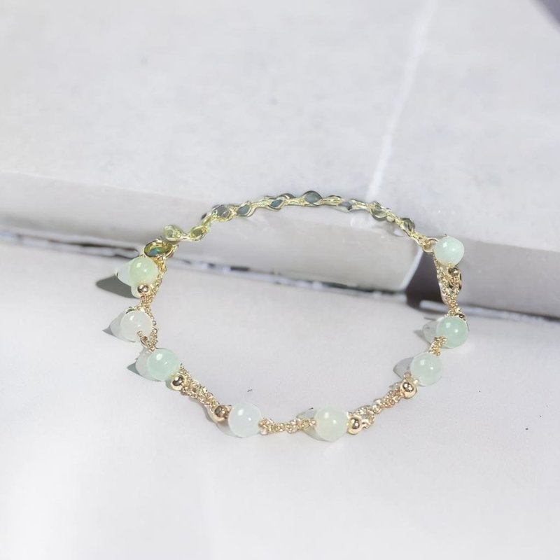 冰种翡翠圆珠设计款手链 14K包金 | 天然缅甸玉A货翡翠 | 送礼 - 手链/手环 - 玉石 透明