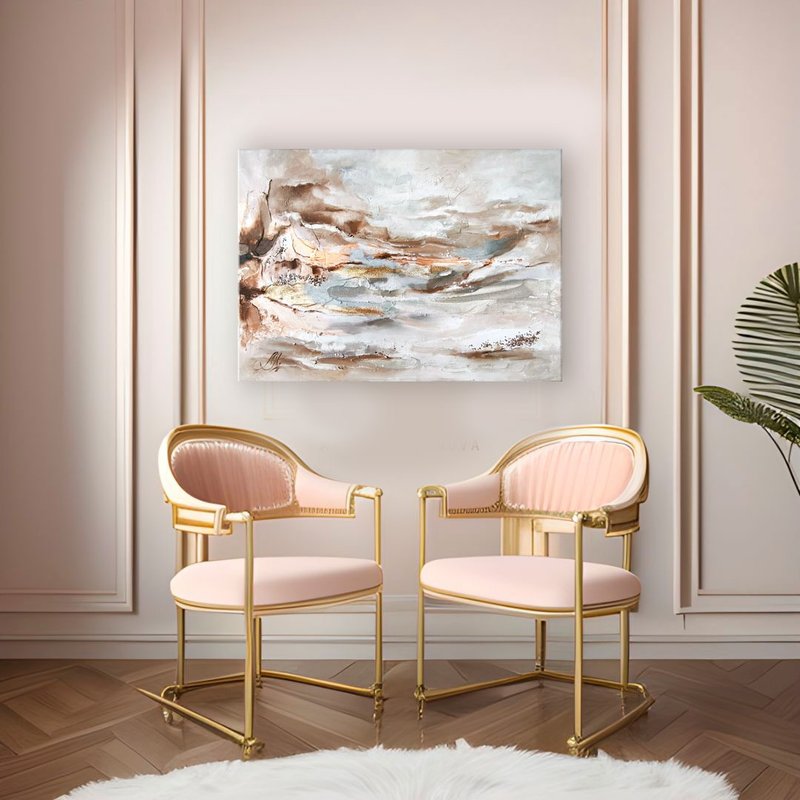 米色抽象画、金色纹理画、中性墙艺术、软墙艺术 - 墙贴/壁贴 - 棉．麻 