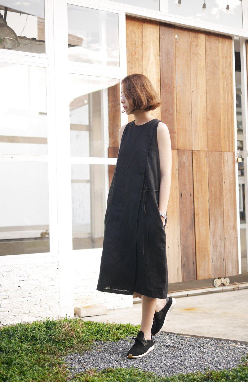 无袖亚麻连身裙-黑色 - 洋装/连衣裙 - 棉．麻 黑色