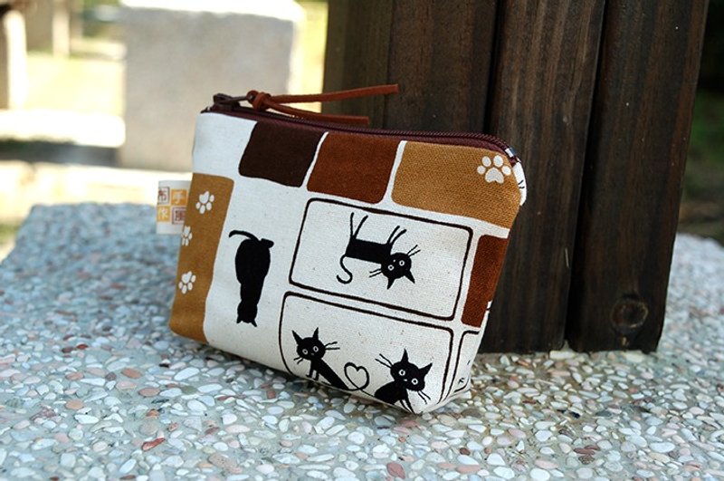 猫咪格子小收纳袋 - 零钱包 - 棉．麻 咖啡色