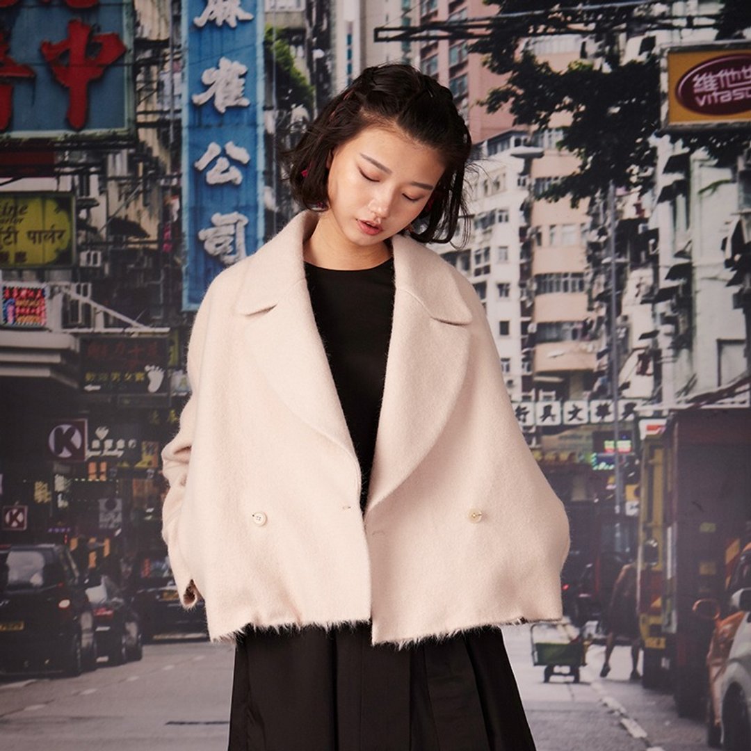 kitann ino 杏色须边翻领羊呢落肩大衣 - 女装休闲/机能外套 - 羊毛 粉红色