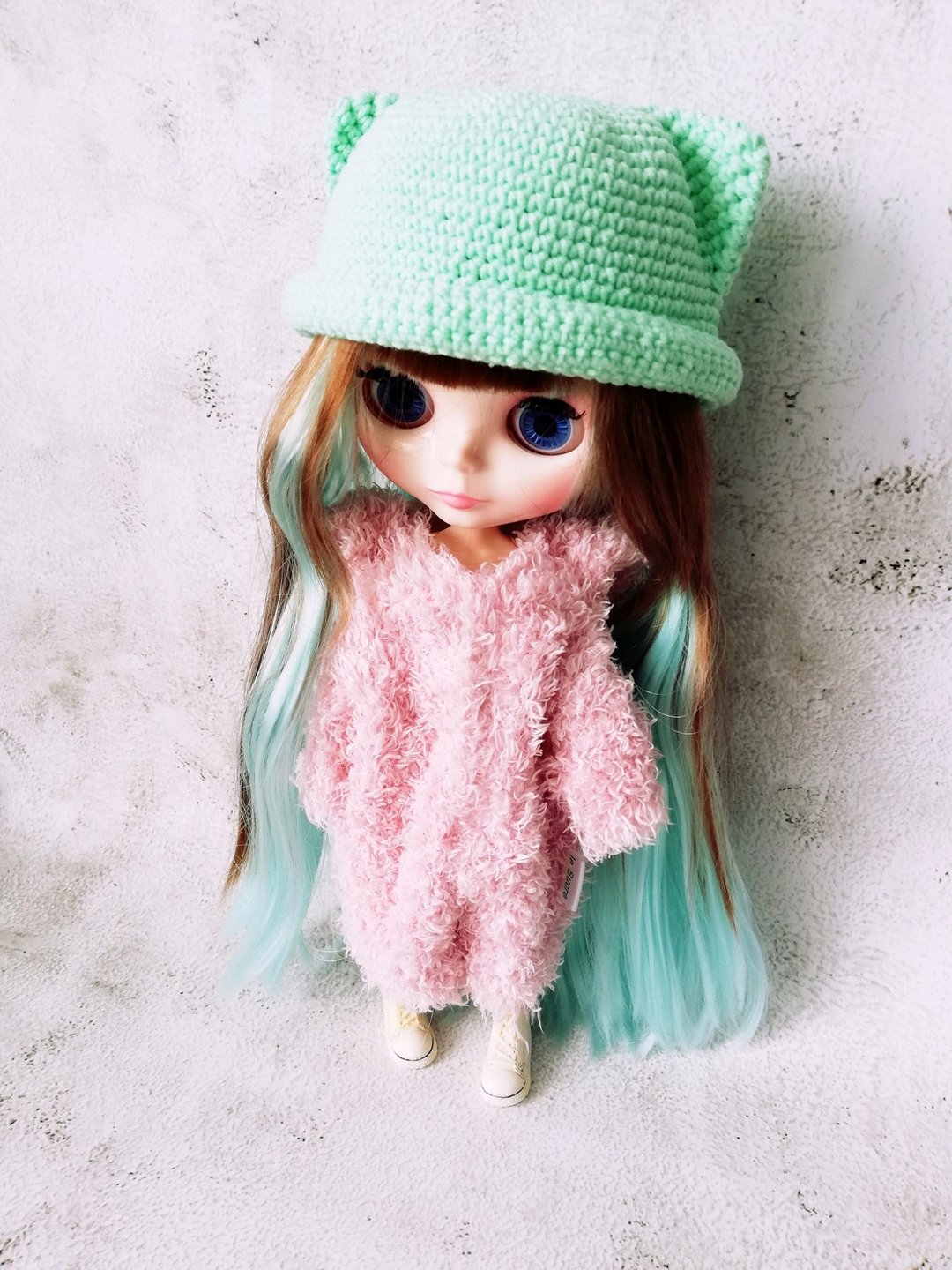 Blythe hat crochet mint Cat - 玩偶/公仔 - 棉．麻 绿色