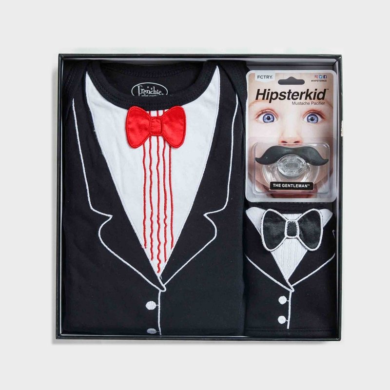 美国FMCXHipsterkid男婴礼盒-小劳勃倒泥宴会版连身衣+围兜+奶嘴 - 满月礼盒 - 棉．麻 黑色