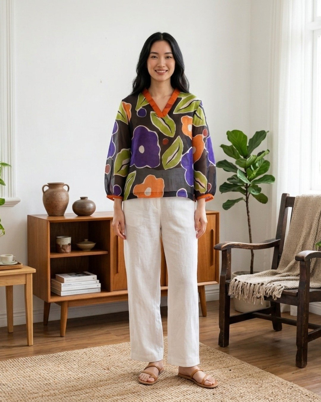 Blouse Cotton Voile Hand Paint Free Size - 女装上衣 - 棉 