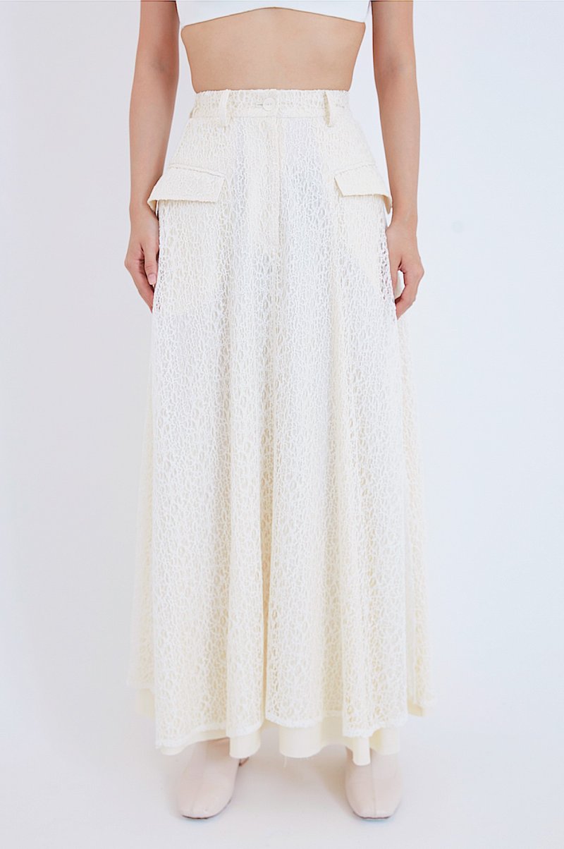 双层蕾丝长裙 - 裙子 - 聚酯纤维 白色
