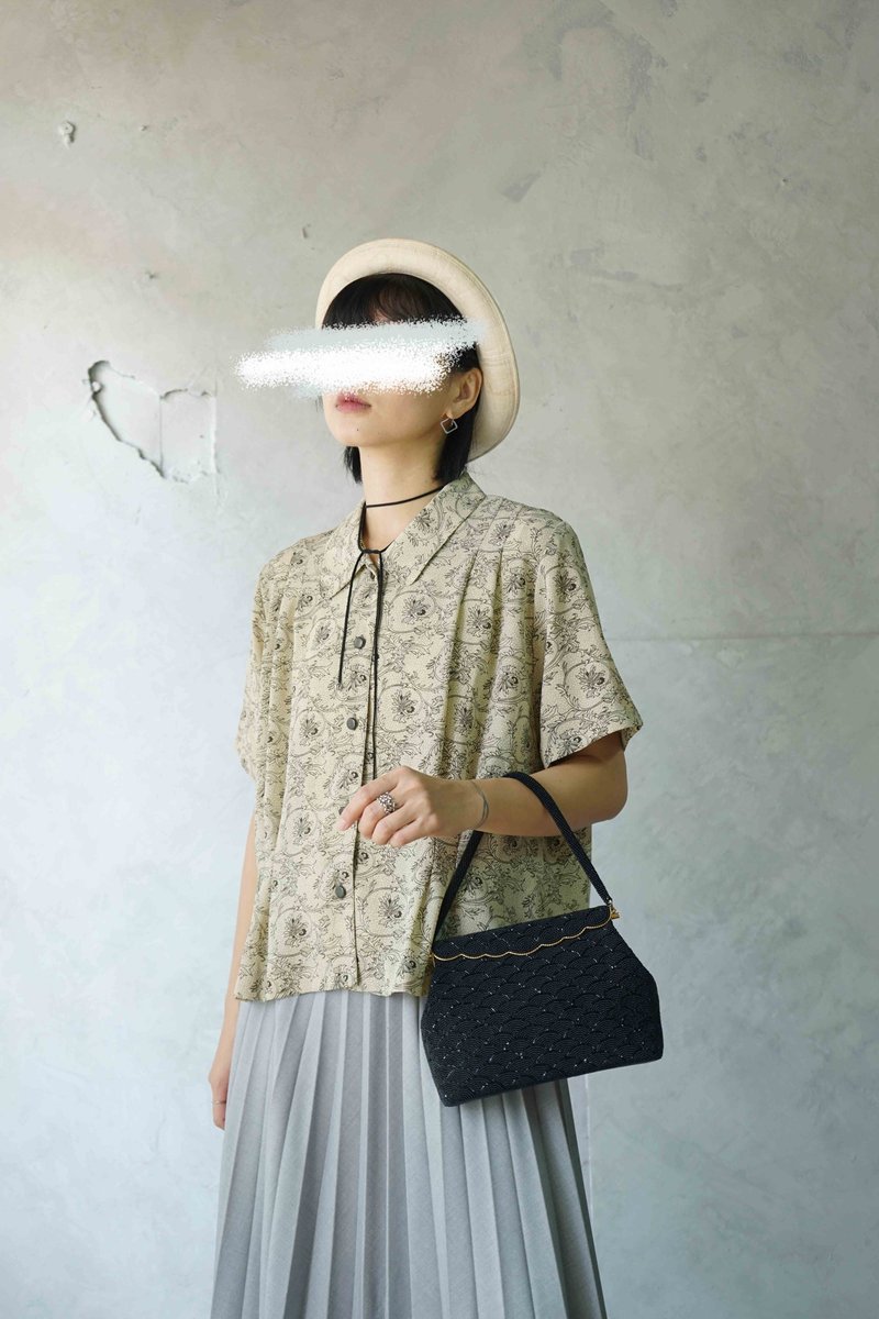 寻宝古着-新艺术藤蔓意象蕾丝印花雪纺衬衫 - 女装衬衫 - 聚酯纤维 卡其色