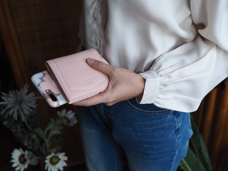 Hannah (Nude pink) : Small leather short wallet, folded wallet, Mini wallet - 皮夹/钱包 - 真皮 粉红色