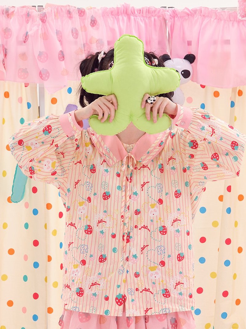 可爱粉色系海军领长袖衬衫宽松 - 女装衬衫 - 棉．麻 多色