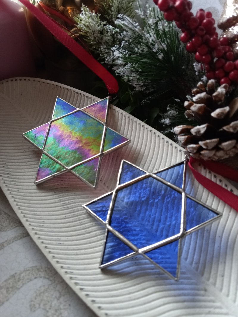 一组2件雪花吊饰梅尔卡巴圣诞摆饰，简约彩绘玻璃 - 其他 - 玻璃 多色