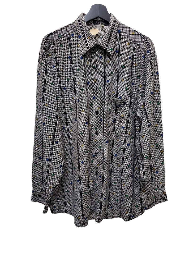 意大利制 Gucci 丝质 刺绣logo 几何图腾 长衬 L号 近全新 - 男装衬衫 - 棉．麻 灰色