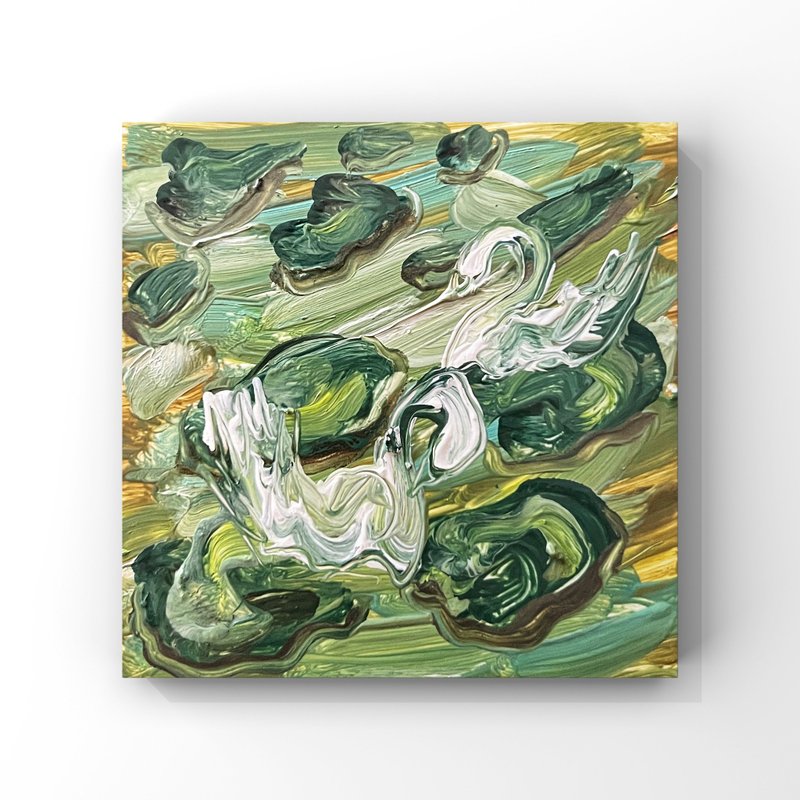 荷花池上的优雅天鹅艺术纹理抽象油画，绿色色调，4英寸 - 海报/装饰画/版画 - 其他材质 绿色