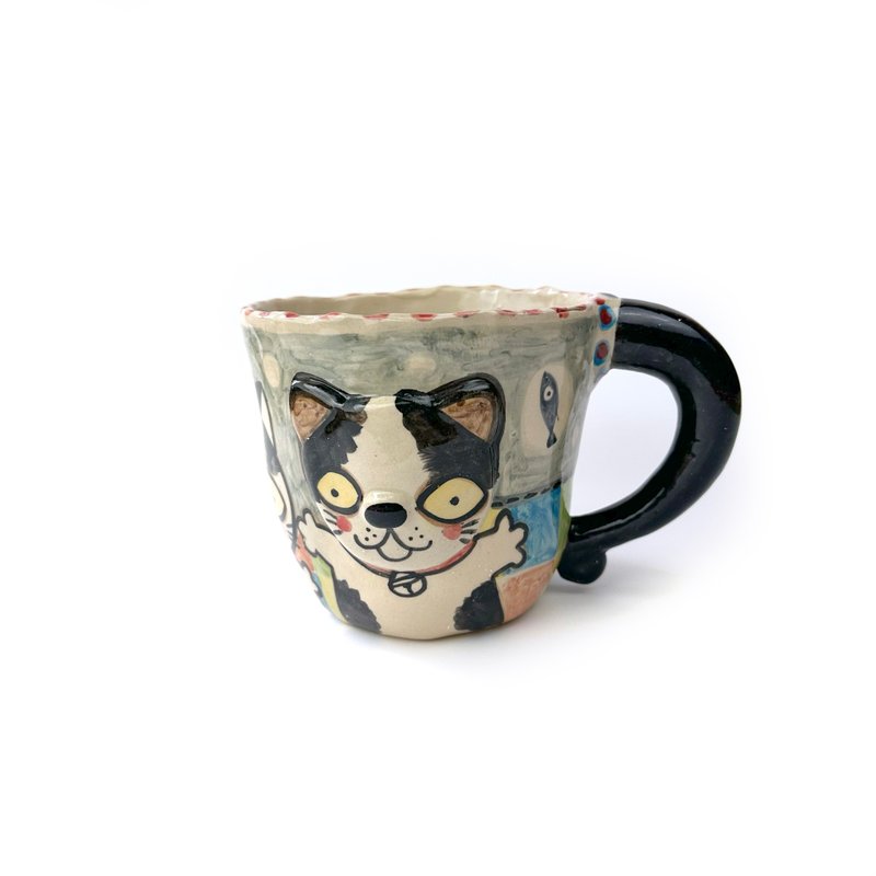 Nice Little Clay 手工大马克杯 可爱猫 0103L-38 - 咖啡杯/马克杯 - 陶 白色