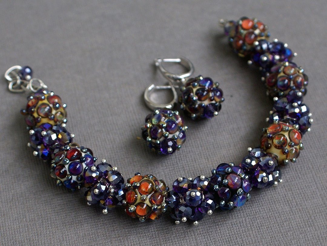 Lampwork purple bracelet and earrings, glass earrings, glass artisan bracelet - 其他 - 玻璃 紫色