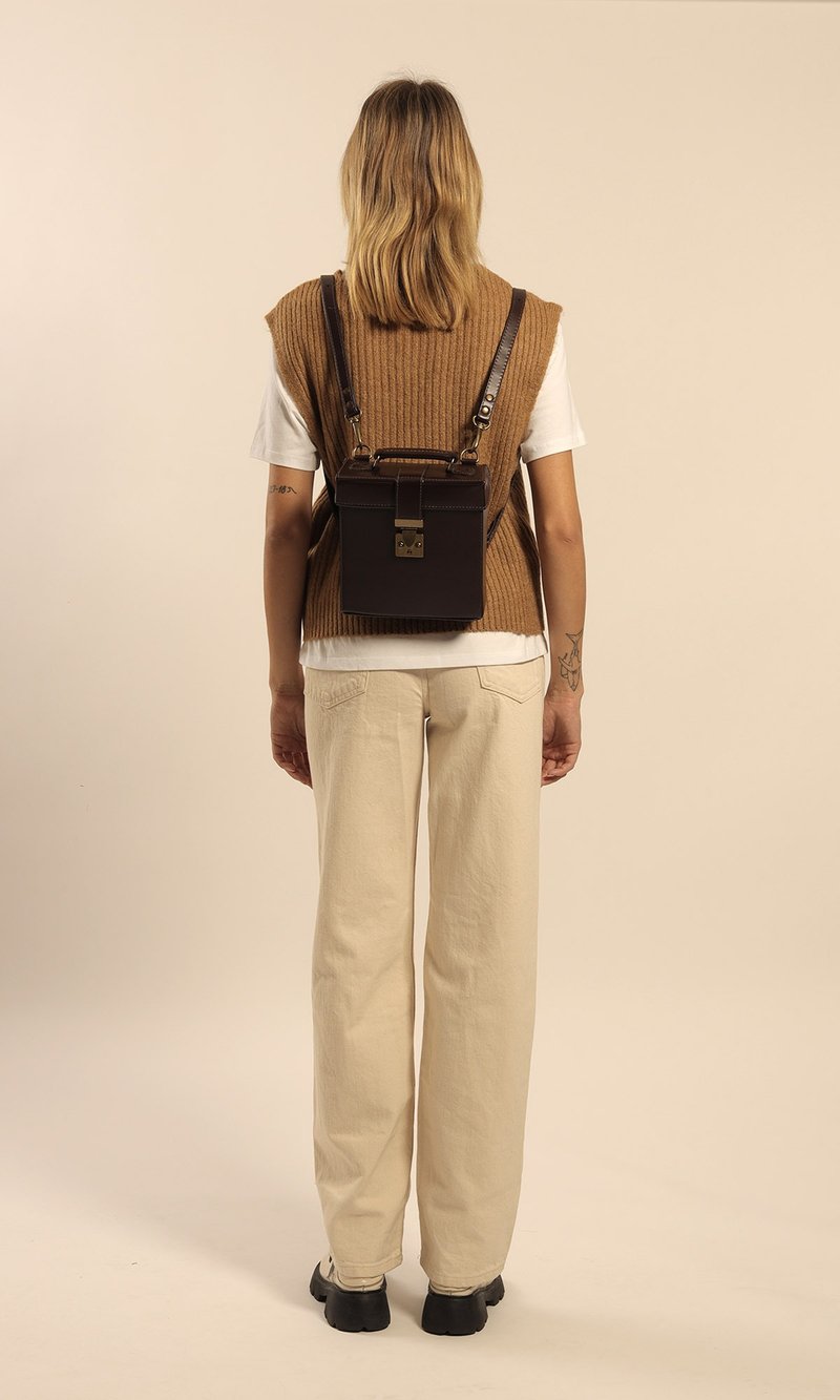 LILA 棕色 两用 复古英伦牛皮肩背包/后背包 - 后背包/双肩包 - 真皮 咖啡色