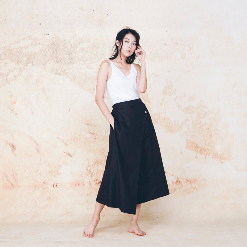 手工棉麻低裆裤裙 - 黑 - 女装长裤 - 棉．麻 黑色