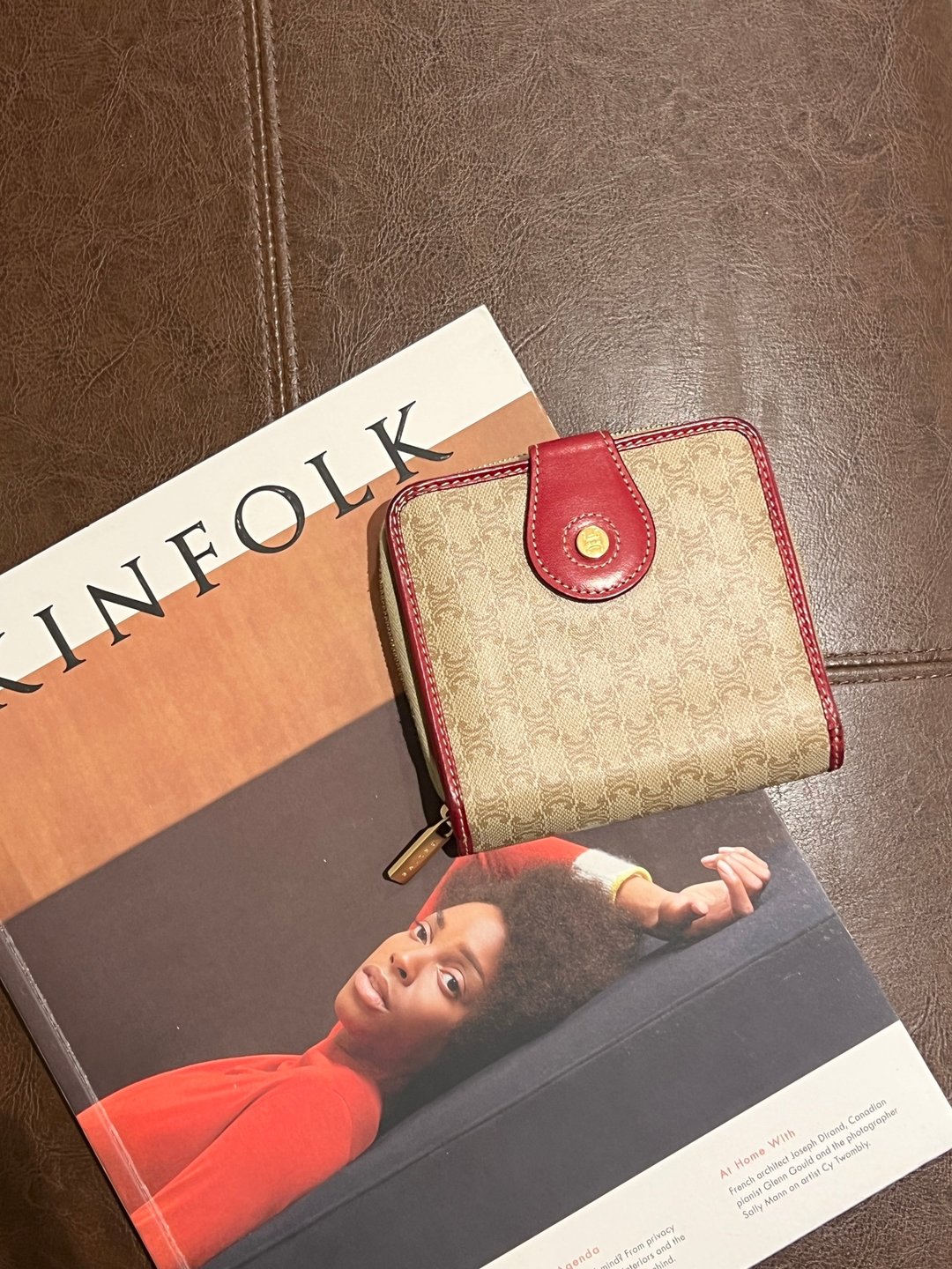 Celine凯旋门啡色红色零钱散子短钱包 日本中古二手Vintage - 皮夹/钱包 - 真皮 咖啡色