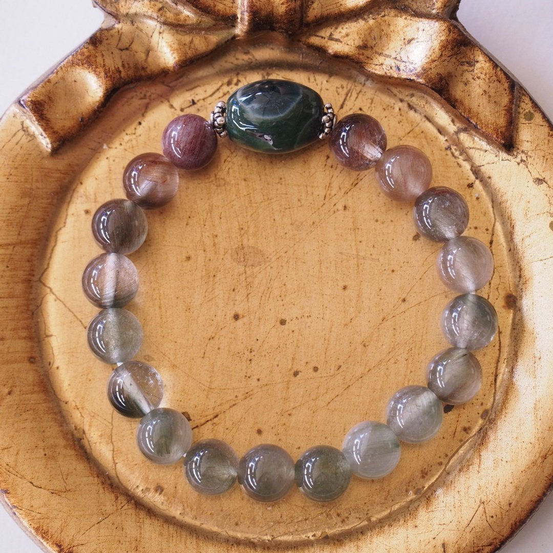 海洋碧玉带晶洞 红发晶 绿发晶 纯银手环 Ocean Jasper Rutilated - 手链/手环 - 半宝石 绿色