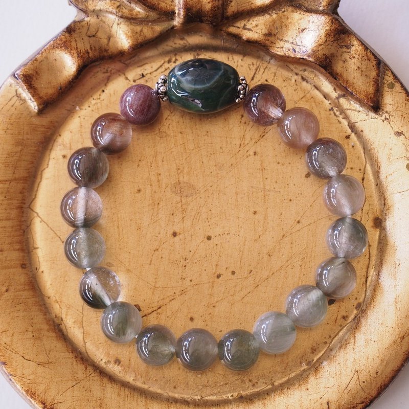 海洋碧玉带晶洞 红发晶 绿发晶 纯银手环 Ocean Jasper Rutilated - 手链/手环 - 半宝石 绿色