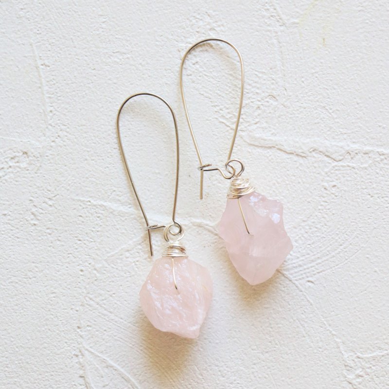 粉晶耳环 天然石手工耳环 原石耳环 水晶耳环 金/银/古铜 - 耳环/耳夹 - 宝石 粉红色