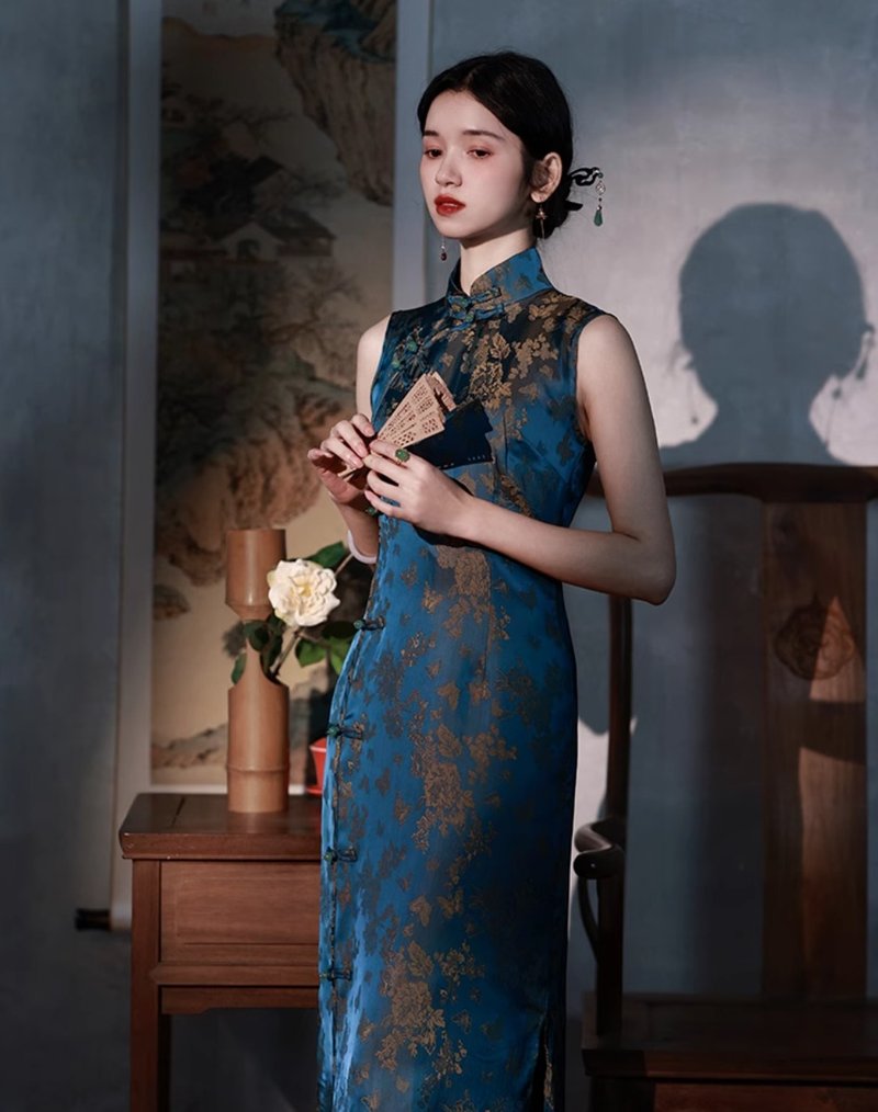 冷香 新中式复古提花改良旗袍 - 洋装/连衣裙 - 其他材质 蓝色