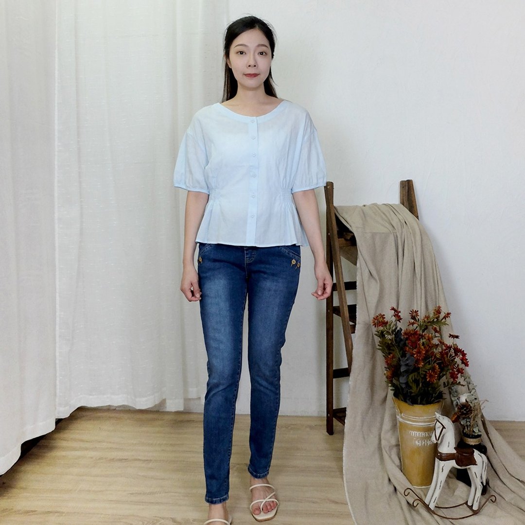 Hana Mokuba 落肩泡袖松紧收腰气质上衣 - 女装上衣 - 棉．麻 