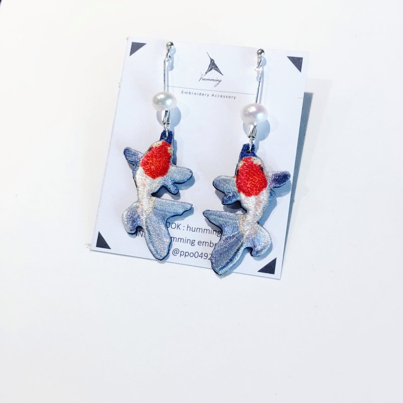 耳环 丹顶金鱼 刺绣 金鱼 耳夹 珍珠 生日 礼物 礼盒 手工 - 耳环/耳夹 - 绣线 