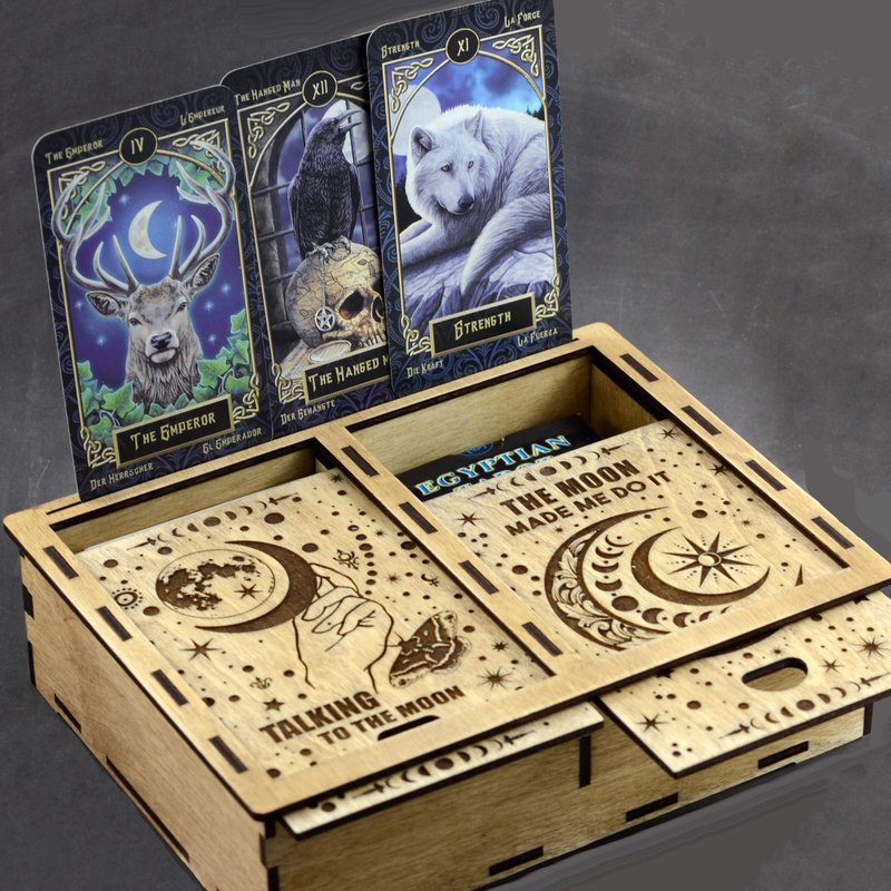 HANDMADE Double Tarot box for 2 decks with card display Witch trinket box - 收纳用品 - 木头 金色