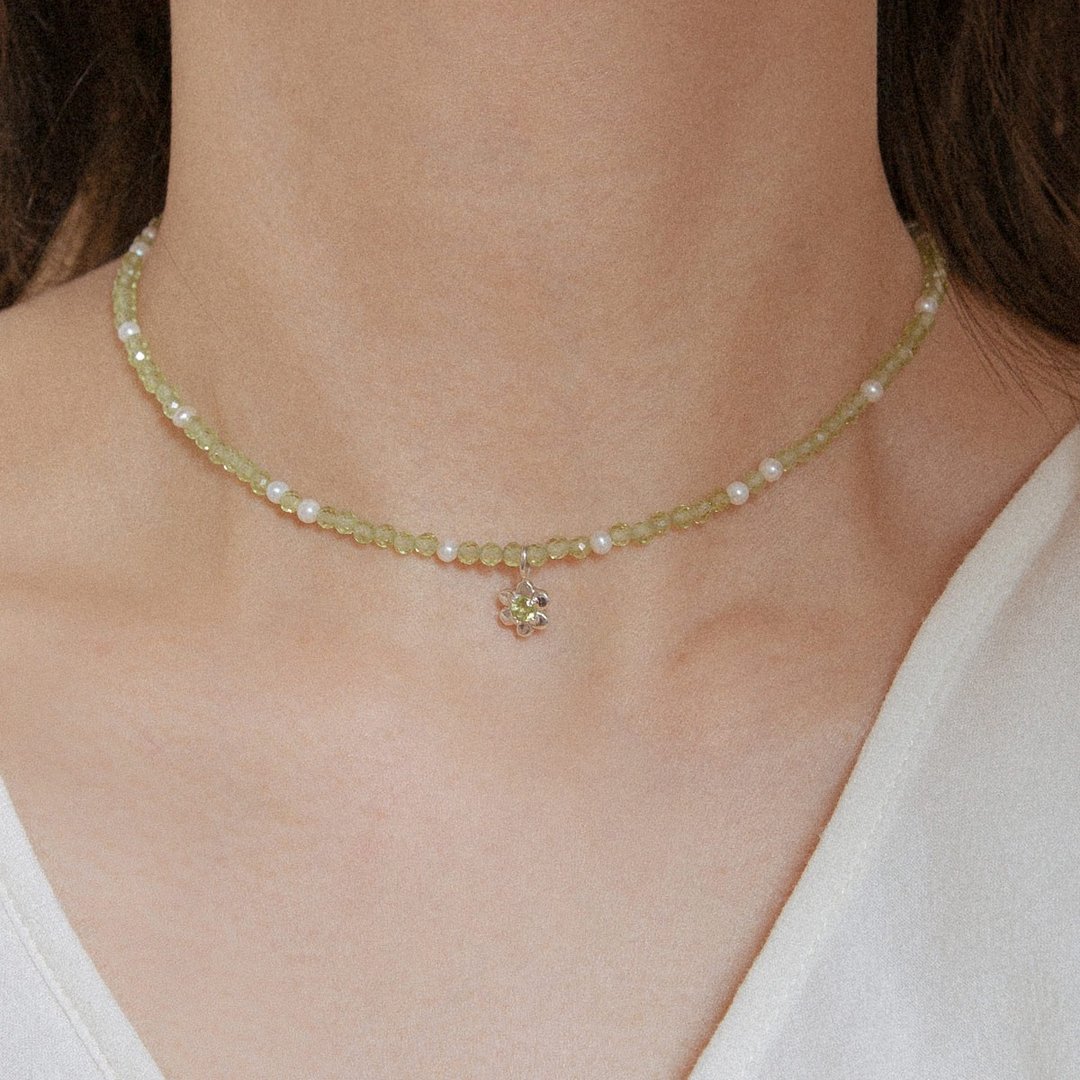 mini flower beaded necklace 橄榄石花朵宝石串珠项链 颈链 - 项链 - 宝石 绿色