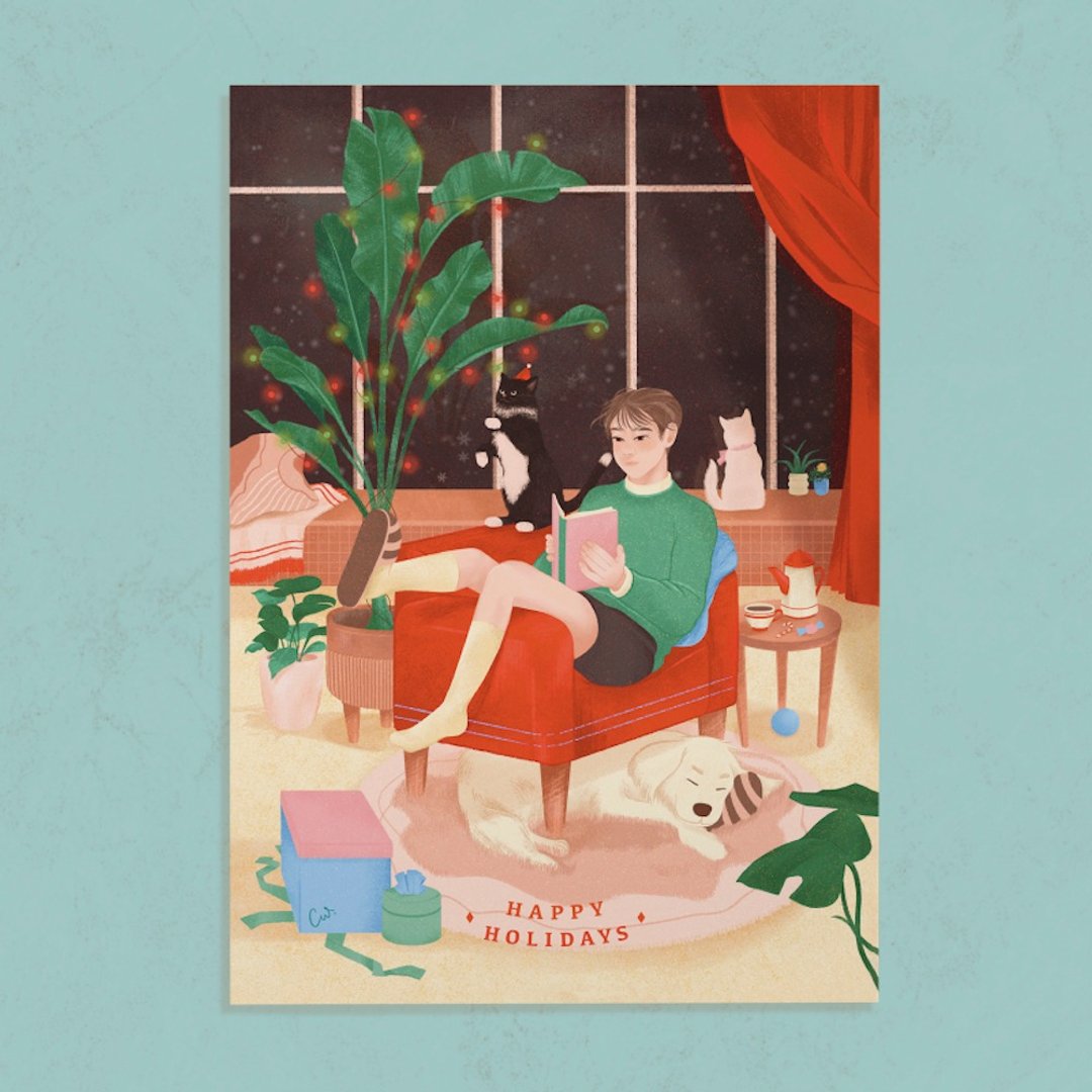 【插画明信片/卡片】Happy Holidays 疗愈佳节 厚磅 圣诞卡 - 卡片/明信片 - 纸 多色