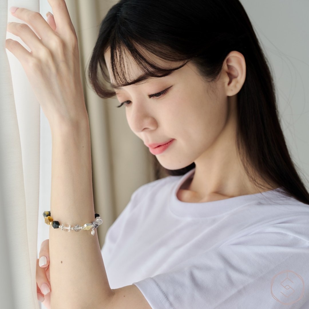 亚勒斯 | 虎眼石 黑发晶 金发晶 白水晶 S925 纯银 | 天然水晶手链 - 手链/手环 - 水晶 多色