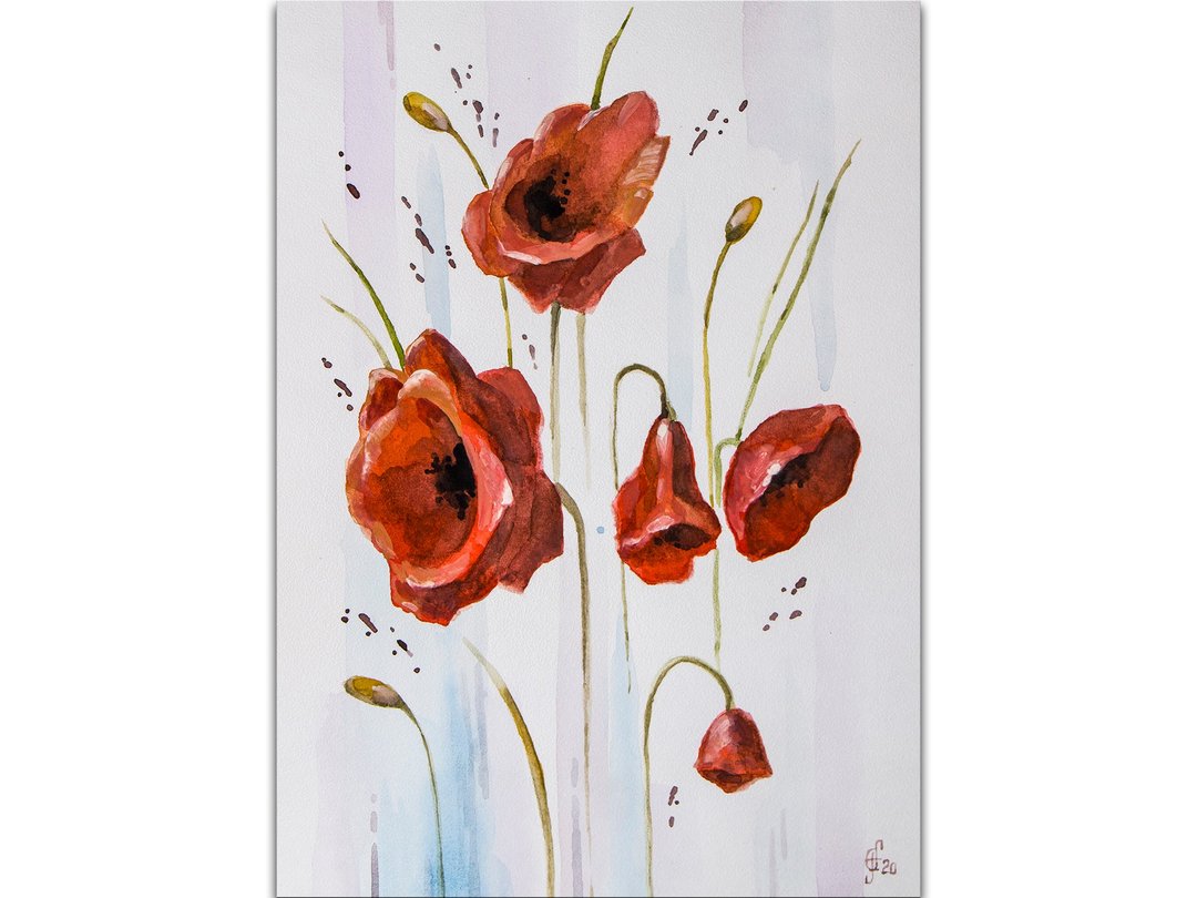 Poppy Painting Flower Original Art Minimalist Floral Watercolor Hand-Painted - 海报/装饰画/版画 - 纸 红色