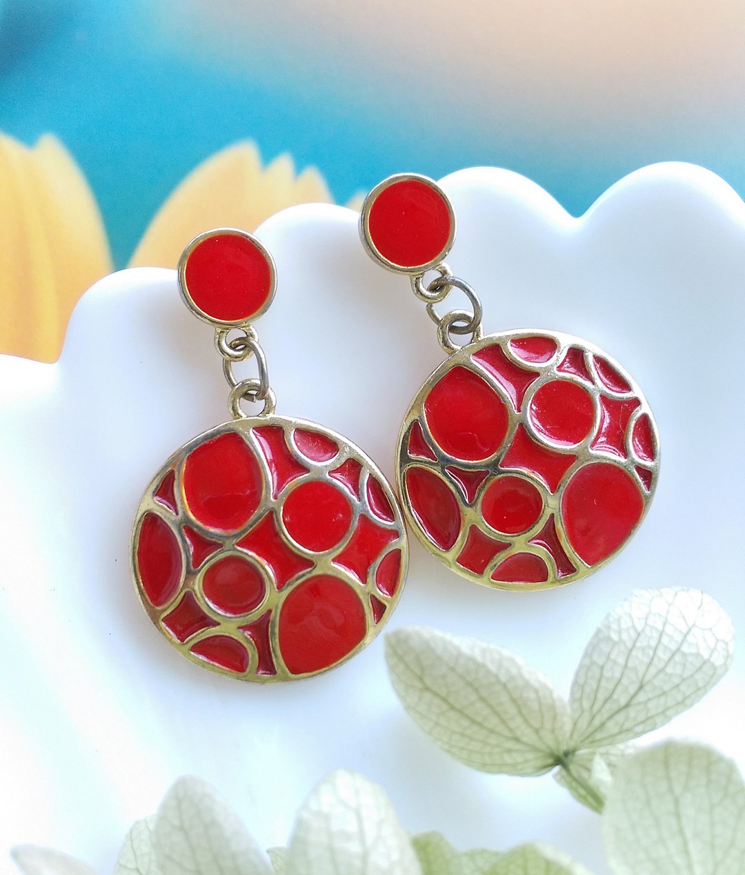 Vintage Jewelry 西洋古董饰品 复古 简约 红圈 垂坠 针式耳环 - 耳环/耳夹 - 其他金属 透明