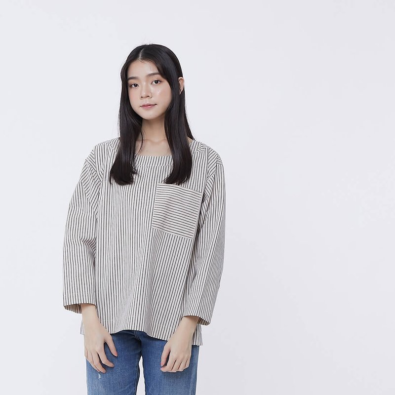 Eva棉麻條紋口袋極簡上衣/亞麻 - 女装上衣 - 棉．麻 卡其色
