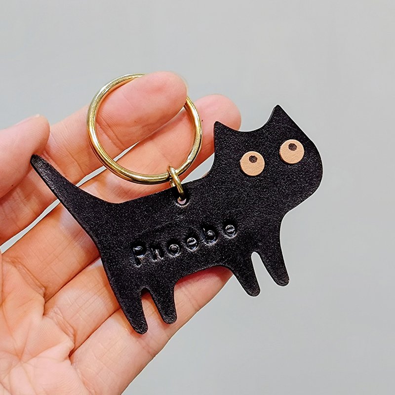 手工真皮 猫咪吊饰 钥匙圈 可定制敲字 - 吊饰 - 真皮 黑色