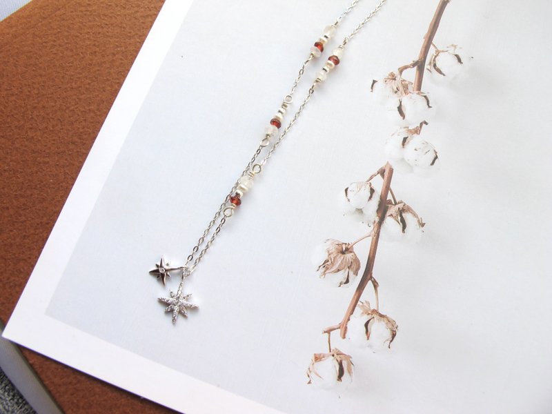 珍珠 红石榴 月光石 锆石 925纯银【恒星的恒星】纯银造型项链 - 项链 - 水晶 多色