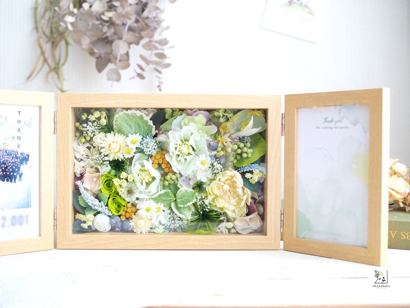 【照片更换OK / 生日/结婚礼物】绿渐层保鲜花和干燥花双层相框相框/花盒 - 画框/相框 - 植物．花 绿色