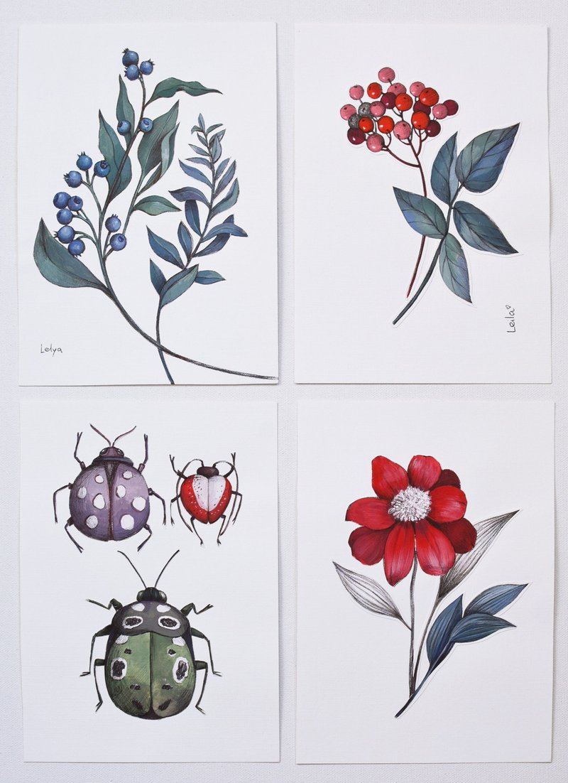 4 件套原创水彩画现代绘画花鸟虫 21x15 厘米 - 插画/绘画/写字 - 纸 红色