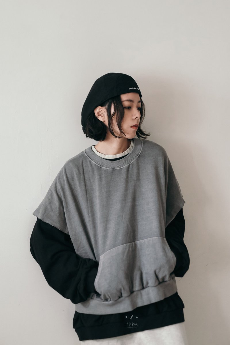 蛍光家族大口袋背心 - 2色 -  大人洗灰 - 男装背心 - 棉 灰色