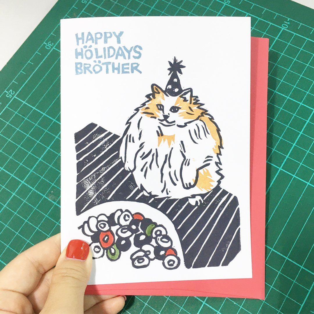 Hand-printed card - Happy Holidays Brother Loops Cat Meme card - 卡片/明信片 - 纸 