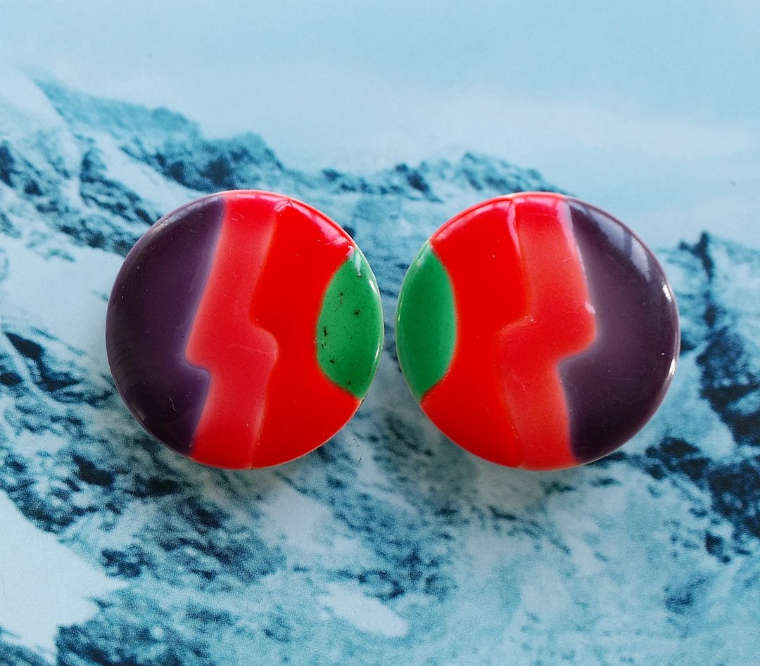 【西洋年代饰品 】复古摩登撞色 大圆 艺术画风 针式耳环 - 耳环/耳夹 - 其他材质 金色