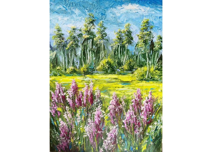 羽扇豆绘画桦树原创艺术风景艺术品 40x30 厘米/16 x 12 英寸 - 海报/装饰画/版画 - 棉．麻 多色