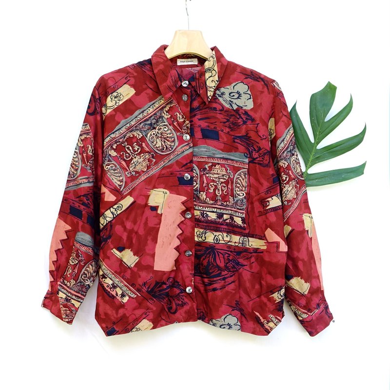 BajuTua/古着/ 彩绘壁饰暗红色衬衫 red vintage shirt - 女装衬衫 - 其他材质 红色