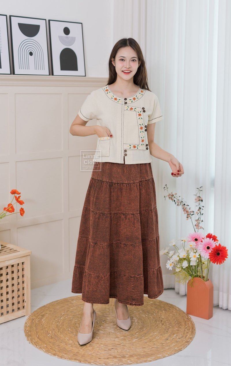 套装出售 衬衫+漂白裙子 米色棉质衬衫 绣砖橙色花朵 - 女装上衣 - 棉．麻 