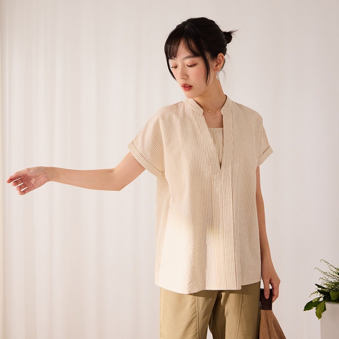 袖打褶设计棉麻上衣-共2色 - 居家服/睡衣 - 棉 多色