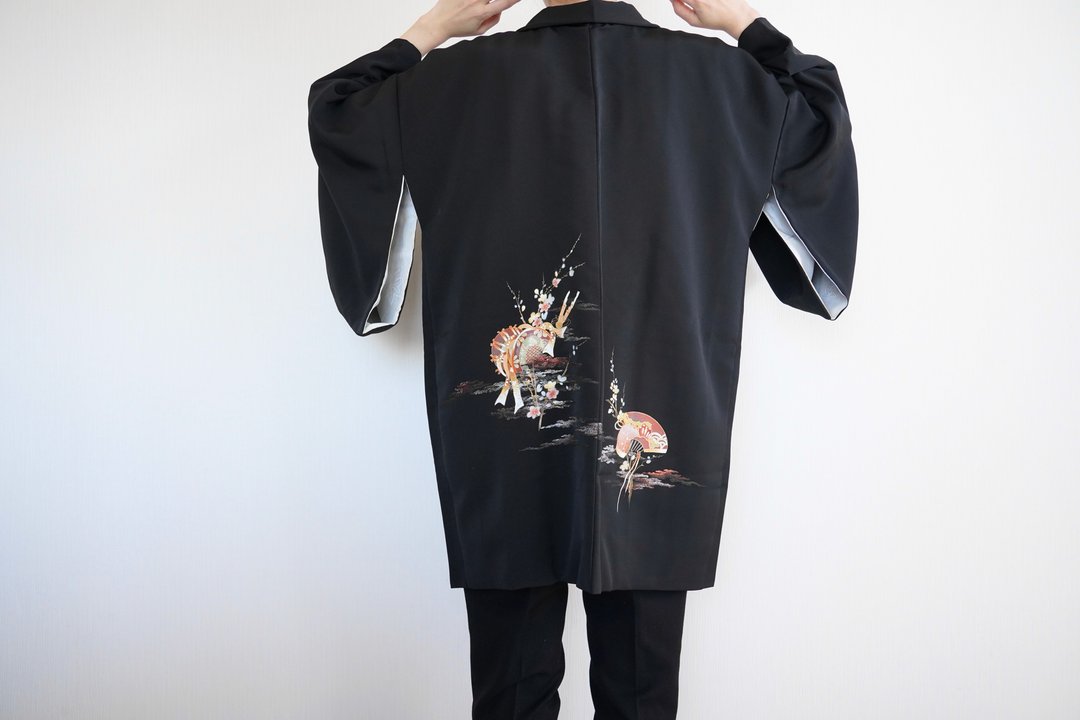 Japanese KIMONO, black kimono, ougi haori, authentic kimono, traditional kimono - 女装休闲/机能外套 - 聚酯纤维 黑色