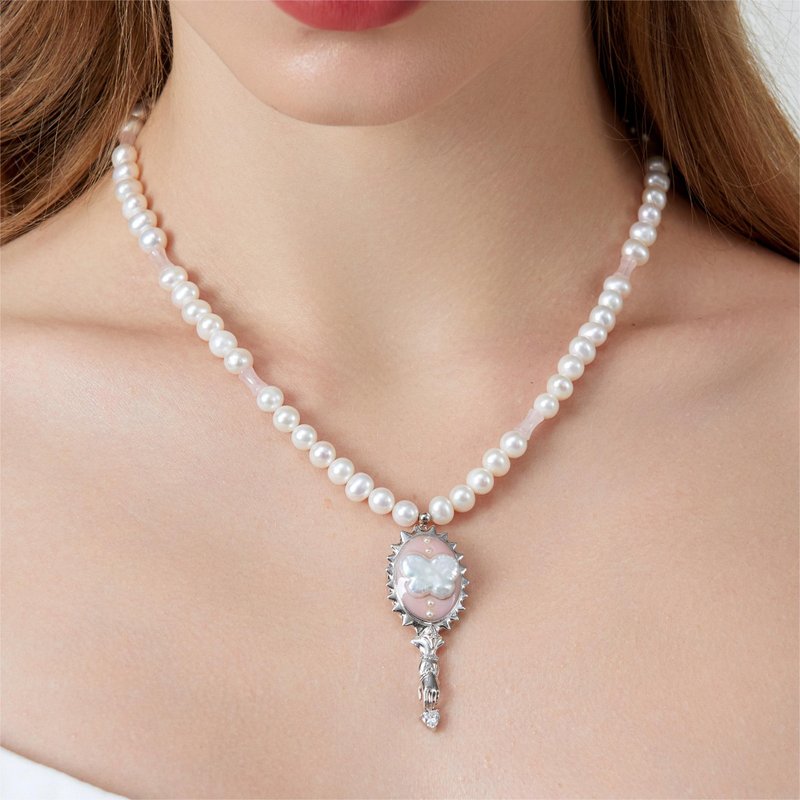 幻物镜梦蝴蝶纯银珍珠项链 - 项链 - 纯银 