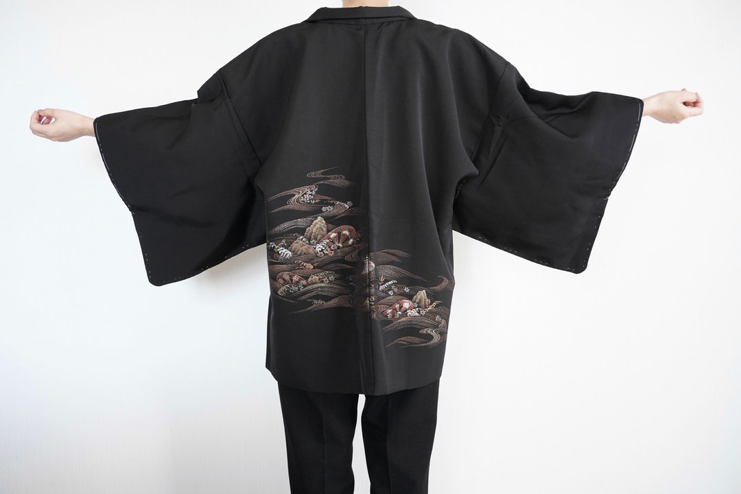 Black KIMONO, glitter kimono, vintage kimono, kimono jacket, Japanese kimono - 女装休闲/机能外套 - 聚酯纤维 黑色
