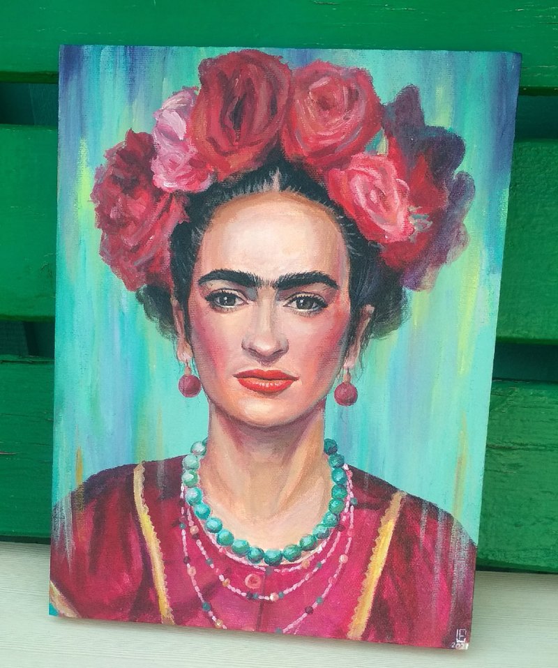 弗里达*卡洛原画一个女人的肖像花美丽的女孩红色 - 墙贴/壁贴 - 压克力 红色